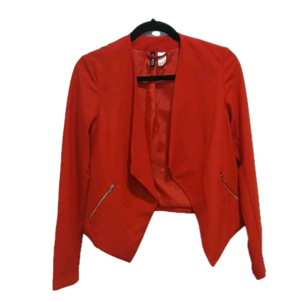 H & M Divided Bright Red Open Front Jacket 80's Look Zipper Pockets Size 2 Bold